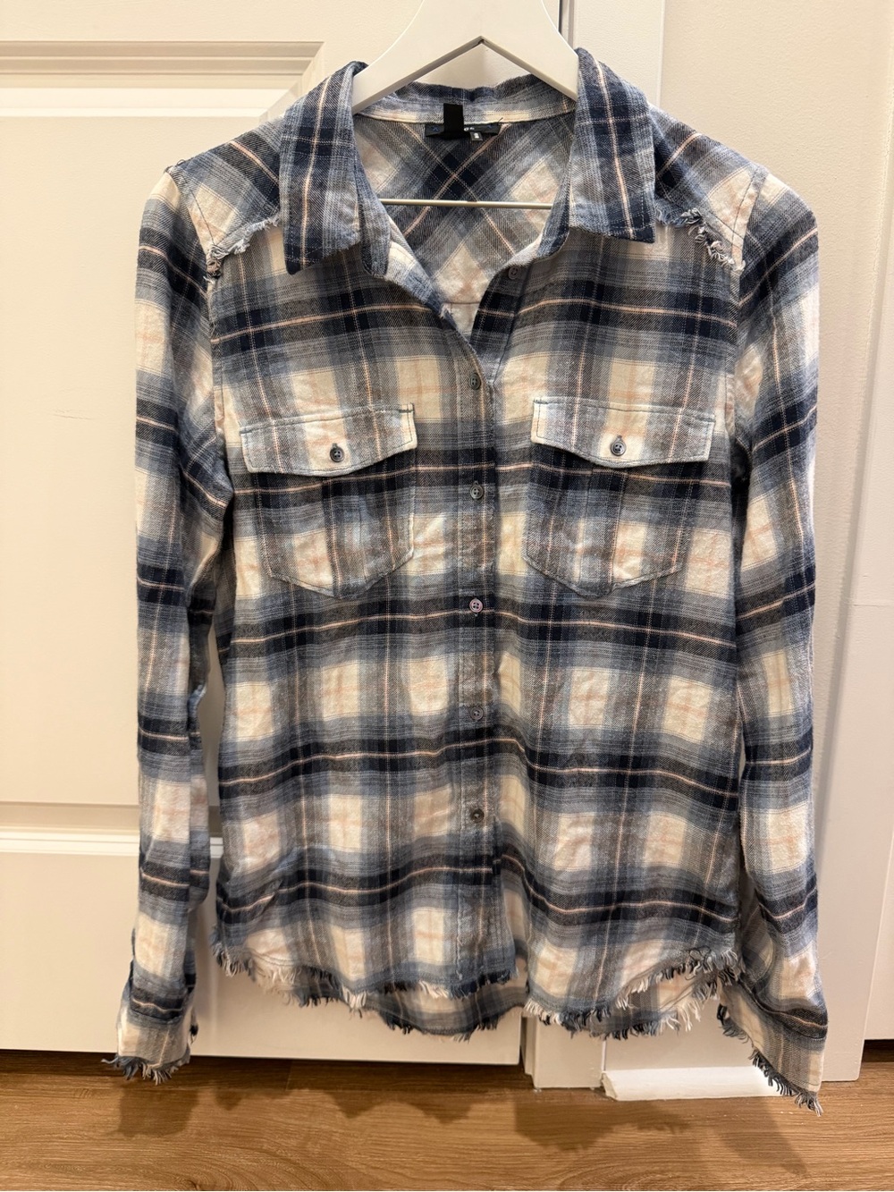 PAIGE Plaid Button Down Shirt Distressed Frayed Hem Blue Gray S
